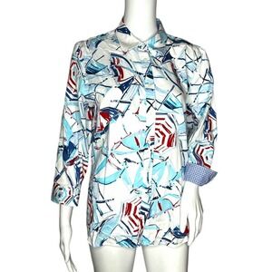 Chaps Shirt Women XL Petite Red White Blue Umbrella Print Button Up Picnic Beach